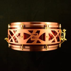 _DSC0815 Red sunburst Maple stave shell snare with copper die-cast hoops, gold hardware
