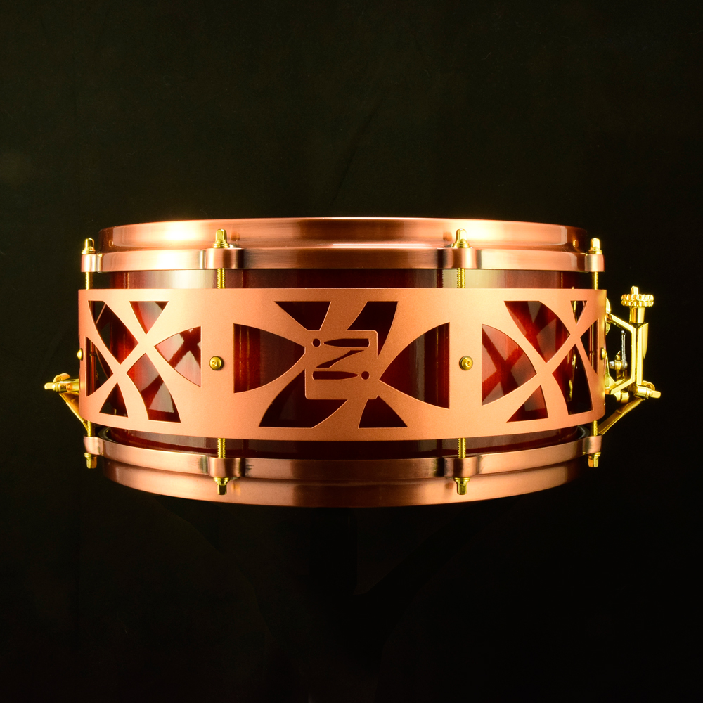 Red sunburst Maple stave shell snare with copper die-cast hoops, gold hardware
