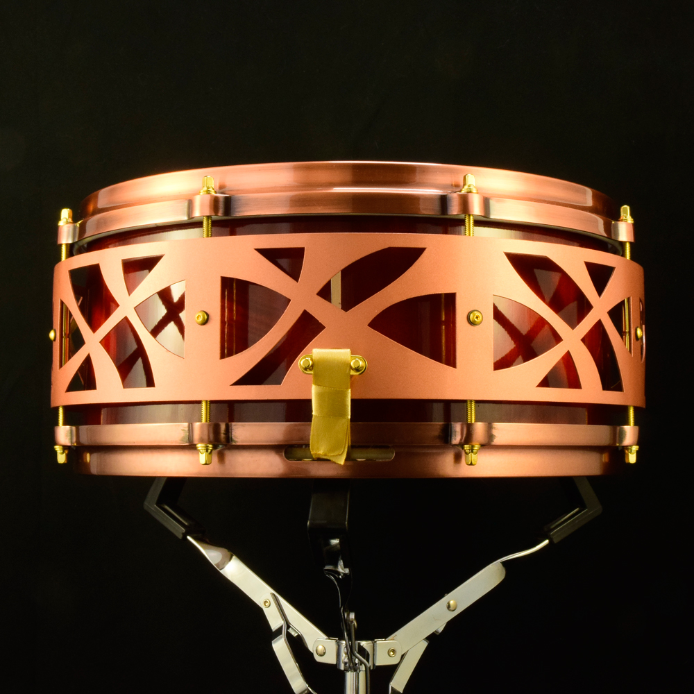 Red sunburst Maple stave shell snare with copper die-cast hoops, gold hardware