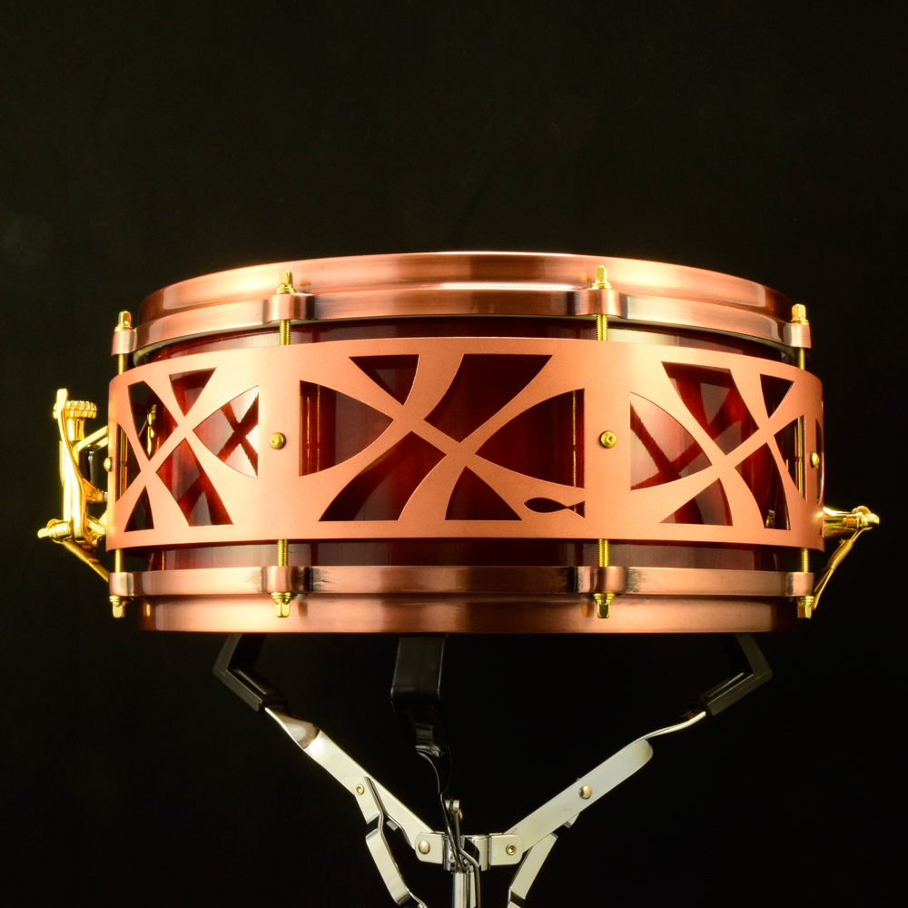 Red sunburst Maple stave shell snare with copper die-cast hoops, gold hardware