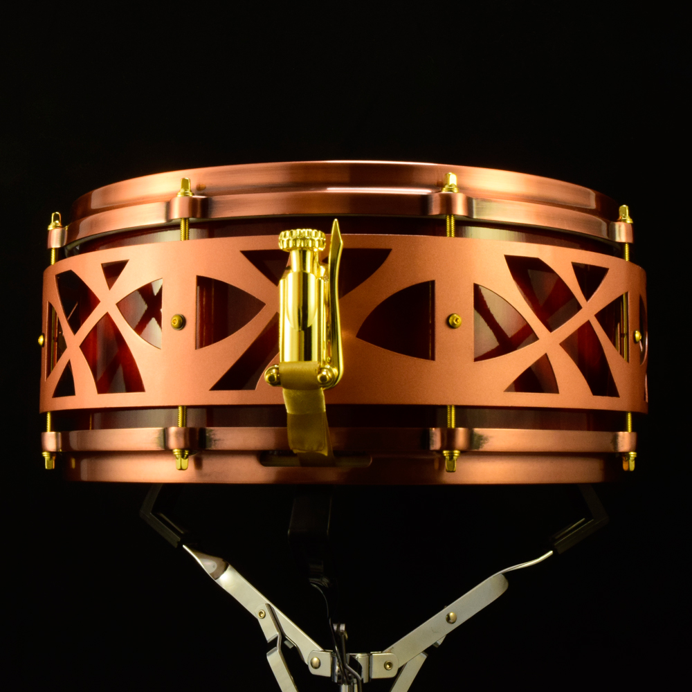 Red sunburst Maple stave shell snare with copper die-cast hoops, gold hardware