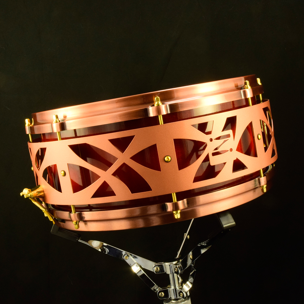 Red sunburst Maple stave shell snare with copper die-cast hoops, gold hardware