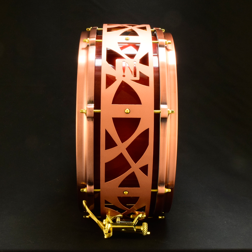 Red sunburst Maple stave shell snare with copper die-cast hoops, gold hardware
