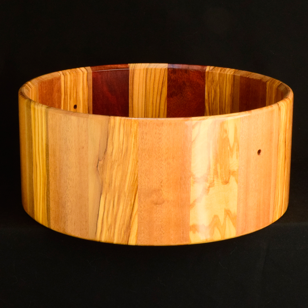 Olivewood, mahogany and bloodwood stave shell 14x6 inches