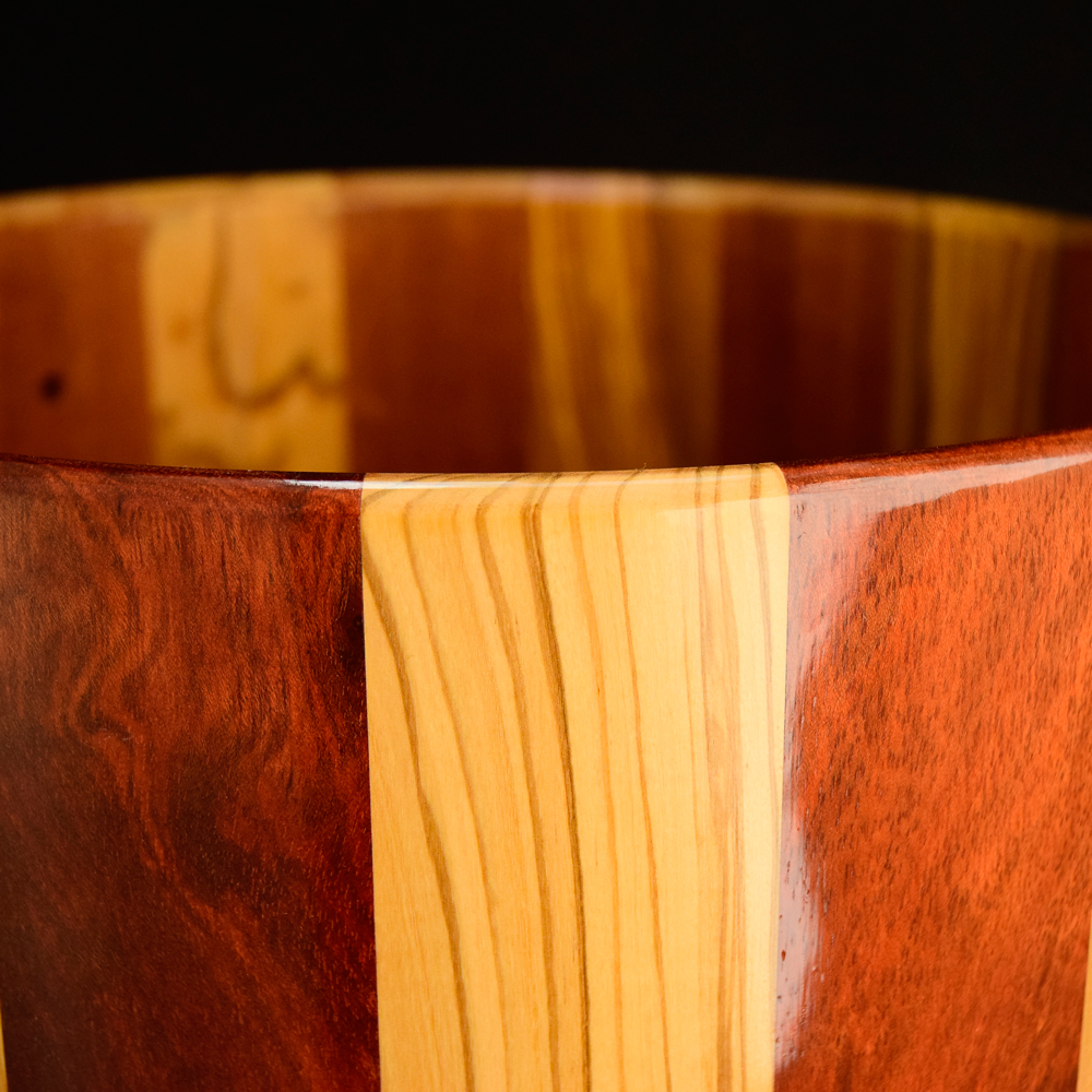 Olivewood, mahogany and bloodwood stave shell 14x6 inches